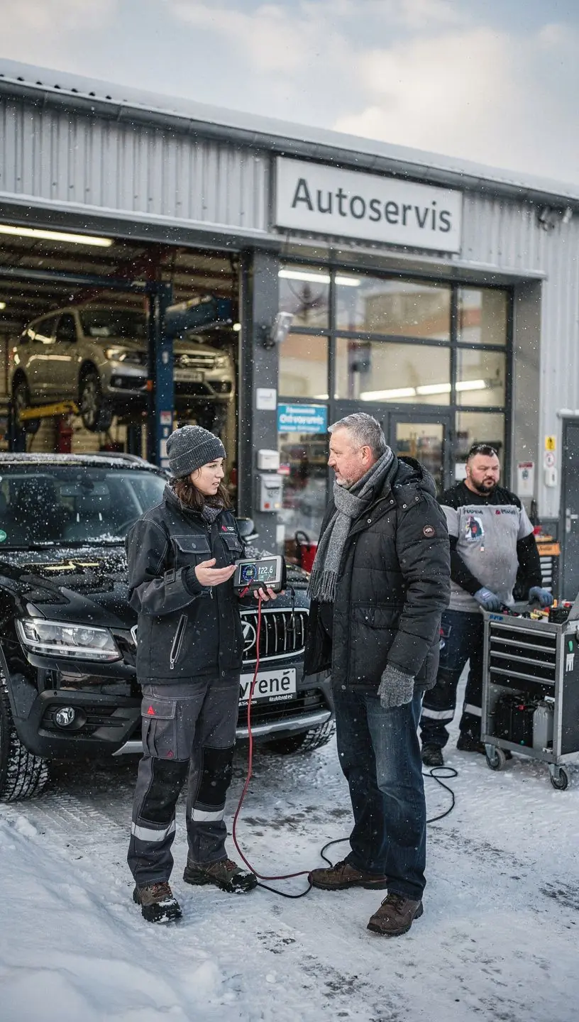 Zákazník konzultujúci s odborníkom odporúčania na výmenu autobatérie po mrazivých dňoch.