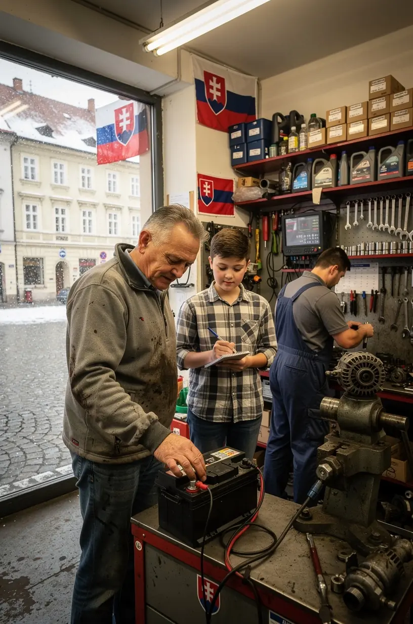 Technológ vysvetľujúci výsledky merania a odporúčania na údržbu batérie zákazníkovi.