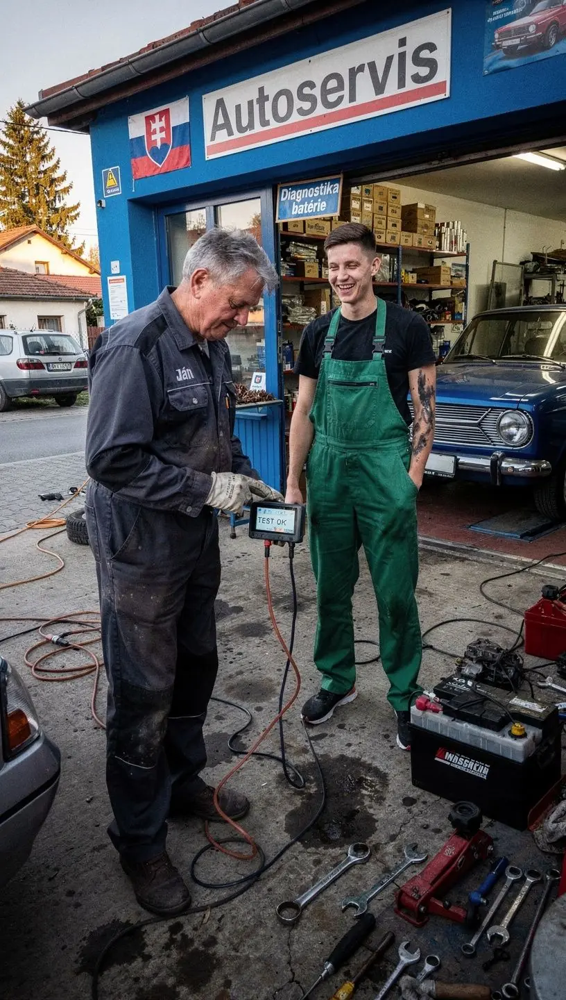 Servisný pracovník kontrolujúci elektroinštaláciu auta v dielni s profesionálnym meracím prístrojom.